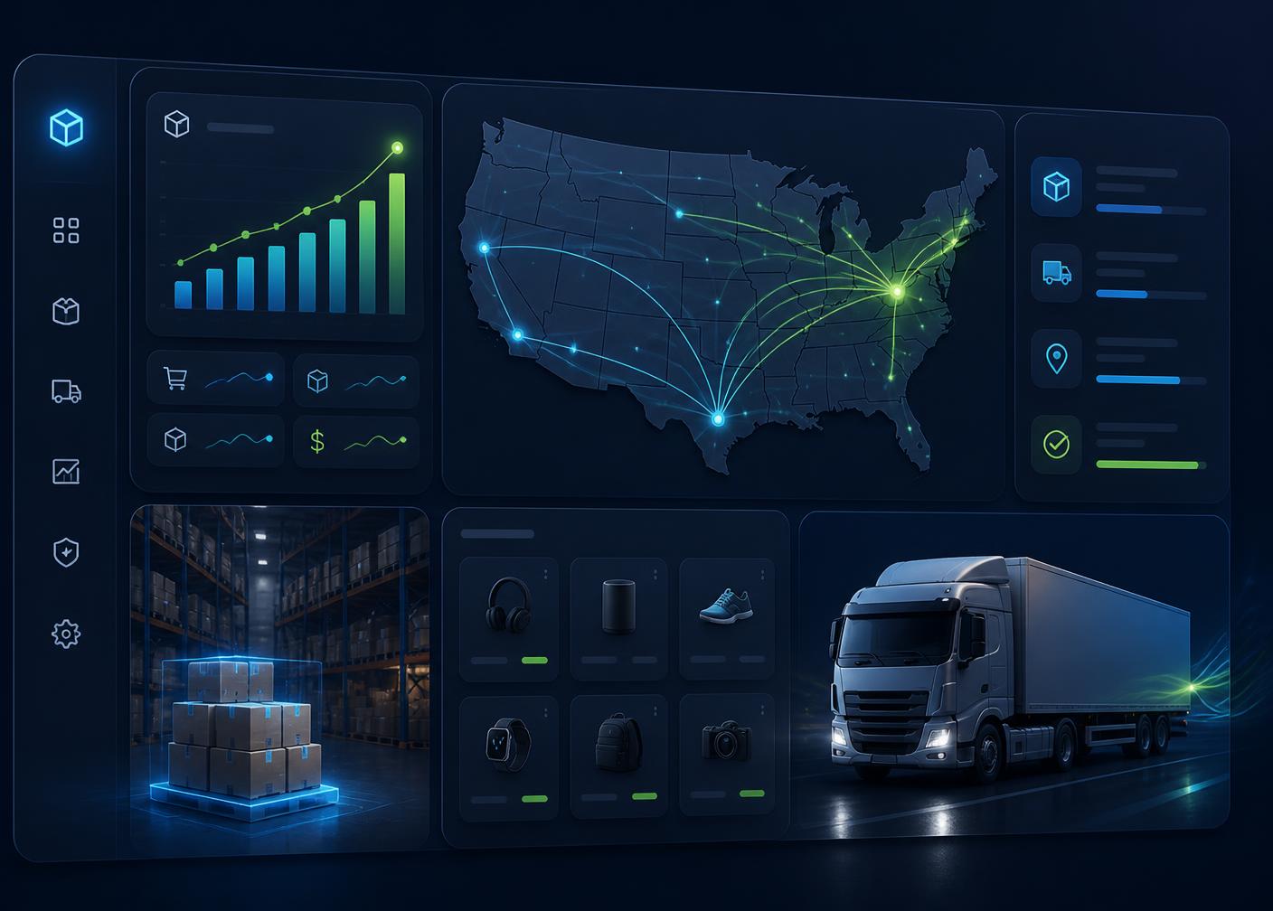 Asif Shop warehouse dashboard showing US shipping routes, live order analytics, and same-day fulfillment